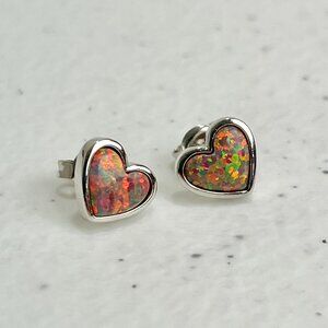 QVC Opal Earrings 925 Sterling Silver 10mm Posts Red Opals Heart Studs